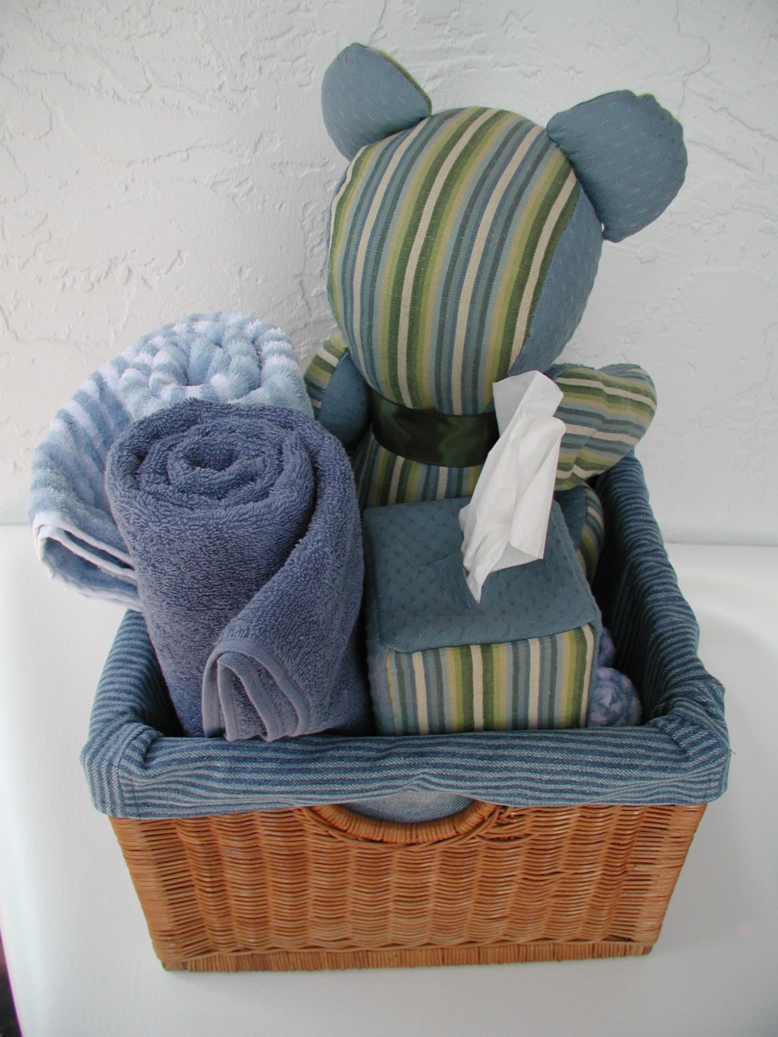 Boy Baby Shower Gift Basket, Blue Striped Personalized Teddy Bear, Bath ...