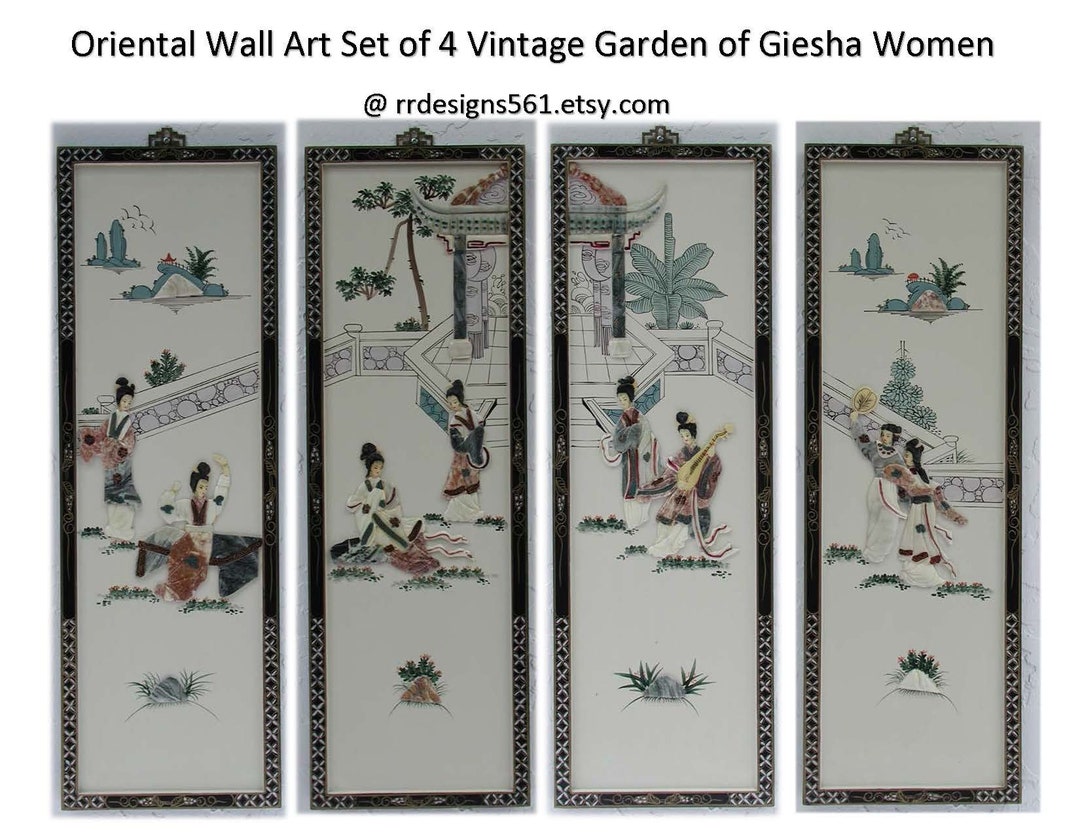 Oriental Wall Art, Set of 4 Vintage, Asian Chinoiseries Décor, Geisha Women Décor, Chinese Wall