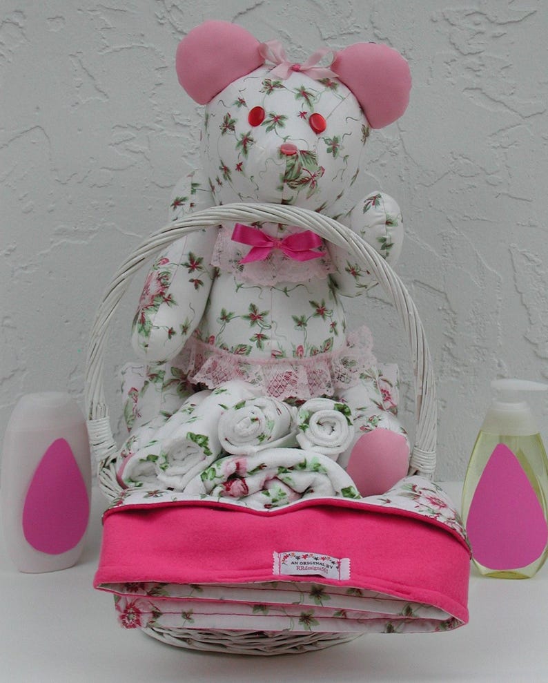 Baby Girl Shower Gift Basket, Handmade Personalized Teddy Bear, Pink ...