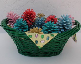 Painted Pinecones, Valentine Basket, Basket of Pinecones, Easter, Halloween Décor, Christmas, Pinecones, Centerpiece, Colorful Pine Cones