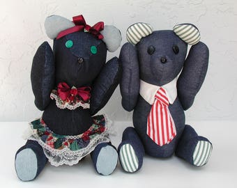 Denim Teddy Bears, Personalized Teddy Bears, Scraps Teddy Bear Collection Couples, Handmade Originals, Namesake Keepsake Gifts, His and Her