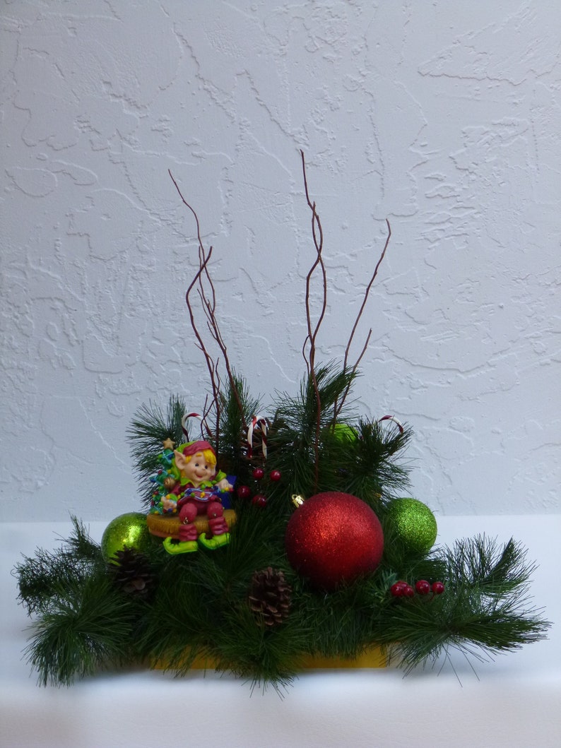 Christmas Elf's, Elf in the pines, Floral Arrangement, Holiday Centerpiece, Red and Green Floral, Artificial Plants, Christmas Gift Flowers image 2