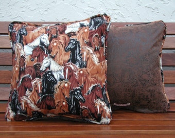 Horse Pillow Set, Wild Horse's Pillows, Faux Tooled Leather, Horse Accent Pillows, Brown Horse, Toss Pillows, Ranch Pillows, Western Pillows