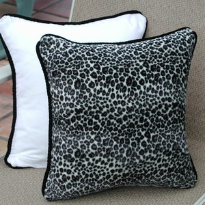 Leopard Throw Pillows, Black and White, Velvet Animal Print, White Velvet Pillow, Black Toss Pillows, Safari Home Decor, Pillows with Trim