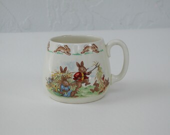 Royal Doulton Collectibles, Bunnykins 1936, 1988, Easter Mug, Beatrix Potter Illustrations, Playful Rabbit Scene, English Fine Bone China