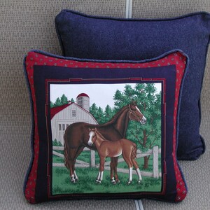 May include: A square decorative pillow featuring a central panel with a brown horse and foal standing in a green pasture before a white barn and silo. The panel is framed by a dark blue border and a red outer border with a small repeating pattern.