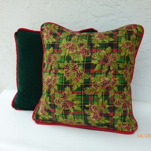 Christmas Plaid, Velvet Pillows Set, Hunter Green Velvet, Luxury Pillows, with Red Trim, 18 x 18 inches, Holiday Design, Velvet Toss Pillows image 4