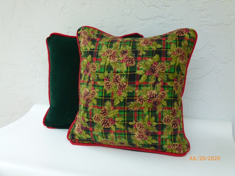 Christmas Plaid, Velvet Pillows Set, Hunter Green Velvet, Luxury Pillows, with Red Trim, 18 x 18 inches, Holiday Design, Velvet Toss Pillows image 4