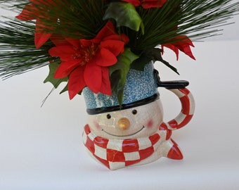 Snowman Christmas Centerpiece, Red Poinsettia Pine Arrangement