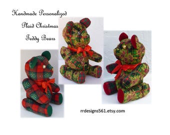 Personalized Plaid Christmas Teddy Bear, Handmade Keepsake