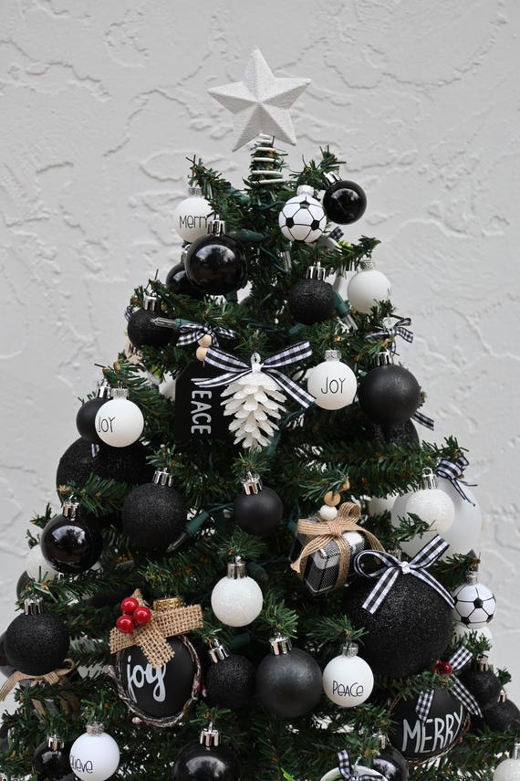   クリスマスツリー 2021 ミニチュア クリスマス ツリー、白黒、完全に装飾されたツリー、50 個