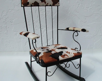 Child's Rocking Chair, Black Wrought Iron, Cow Print Upholstery, Rustic Ranch Décor