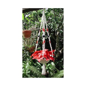 May include: A white macrame plant hanger featuring twisted cord patterns, accented with cylindrical red beads and round black beads. The hanger supports a white pot containing a vibrant red poinsettia plant, finished with a white tassel.