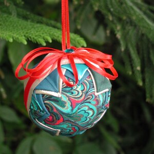 Paisley ornaments, Turquoise Ornament, Fabric Ornaments, Quilted Style Ornament, Friendship Gift, Red Ribbon Ornament, Shatterproof ball Thin red ribbon