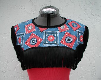 Fringe Neck Collar, Chambray and Red, Black Fringe Collar, Blue Neck Collars, Western Neck Collars, Neck Collar Bibs, Cowgirl Costume Top