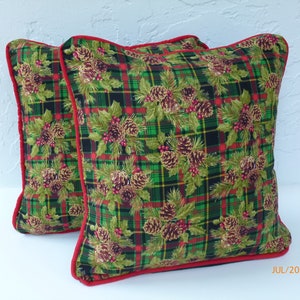 Christmas Plaid, Velvet Pillows Set, Hunter Green Velvet, Luxury Pillows, with Red Trim, 18 x 18 inches, Holiday Design, Velvet Toss Pillows image 2