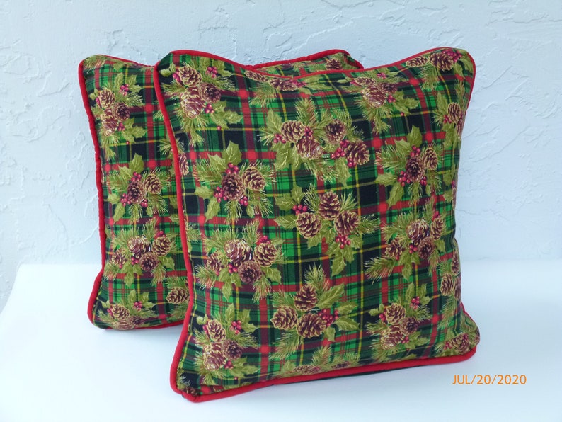 Christmas Plaid, Velvet Pillows Set, Hunter Green Velvet, Luxury Pillows, with Red Trim, 18 x 18 inches, Holiday Design, Velvet Toss Pillows image 2