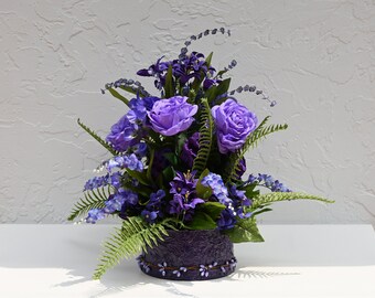 Purple Roses, Silk Floral Design, Purple Floral Arrangement, Gift For Her, Mothers Day Flowers,  Valentine Silk Roses, Roses and Ferns