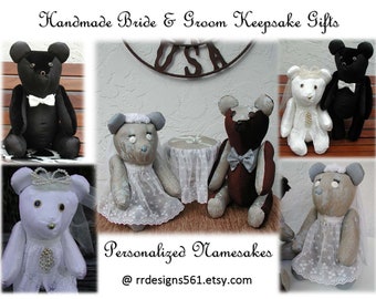 Bride & Groom Teddy Bears, Personalized Bears, Bear Wedding Couple, Keepsake Bears, Namesakes Bears, White Velvet Bear, Black Velvet Bear