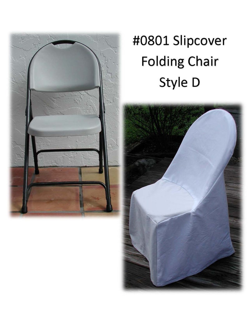 May include: White slipcover for a folding chair, style D. The slipcover is made of a soft, white fabric and has a simple, elegant design. #0801 Slipcover Folding Chair Style D