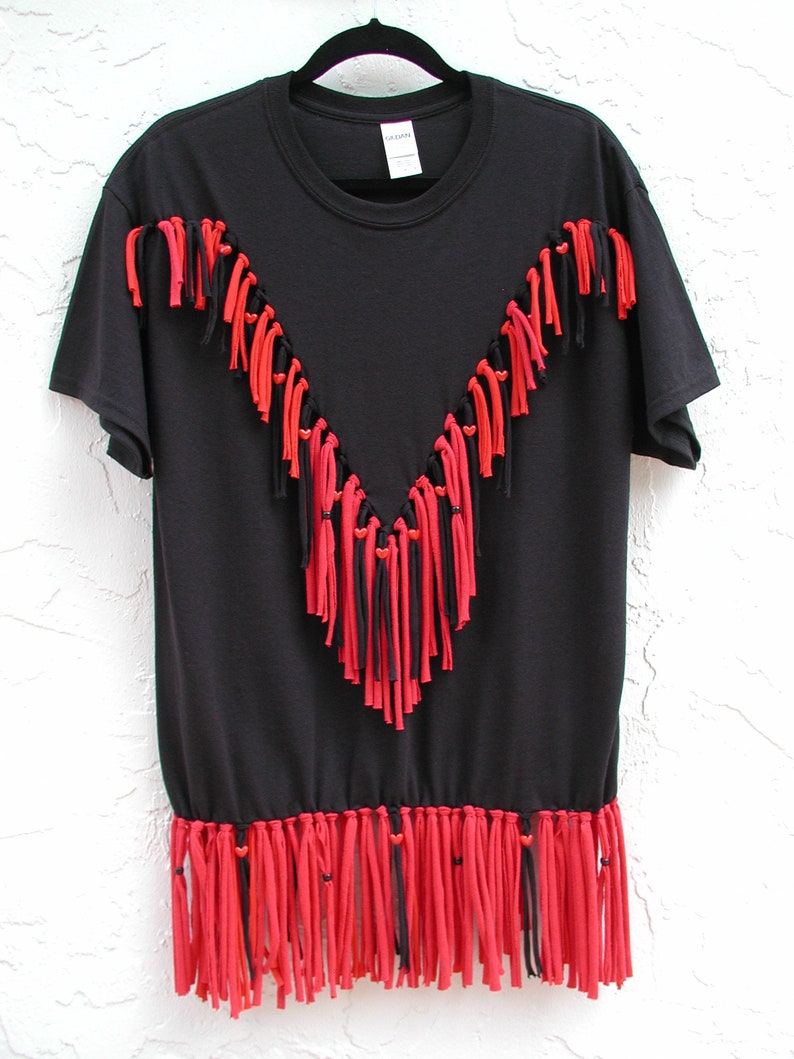 Hippie T-Shirt Black TShirt Red Fringe Shirt Adult Large T-Shirt with Fringe Costume TShirt Gift For Her Red and Black Fringe TShirt