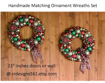 Christmas Wreath Set, Ornament wreaths, wreaths with bows, red poinsettias, plaid bow wreaths, wall décor, front door décor,rrdesigns561