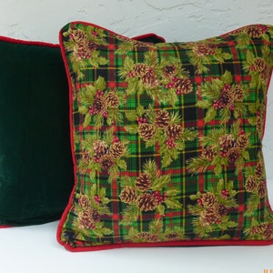 Christmas Plaid, Velvet Pillows Set, Hunter Green Velvet, Luxury Pillows, with Red Trim, 18 x 18 inches, Holiday Design, Velvet Toss Pillows image 1