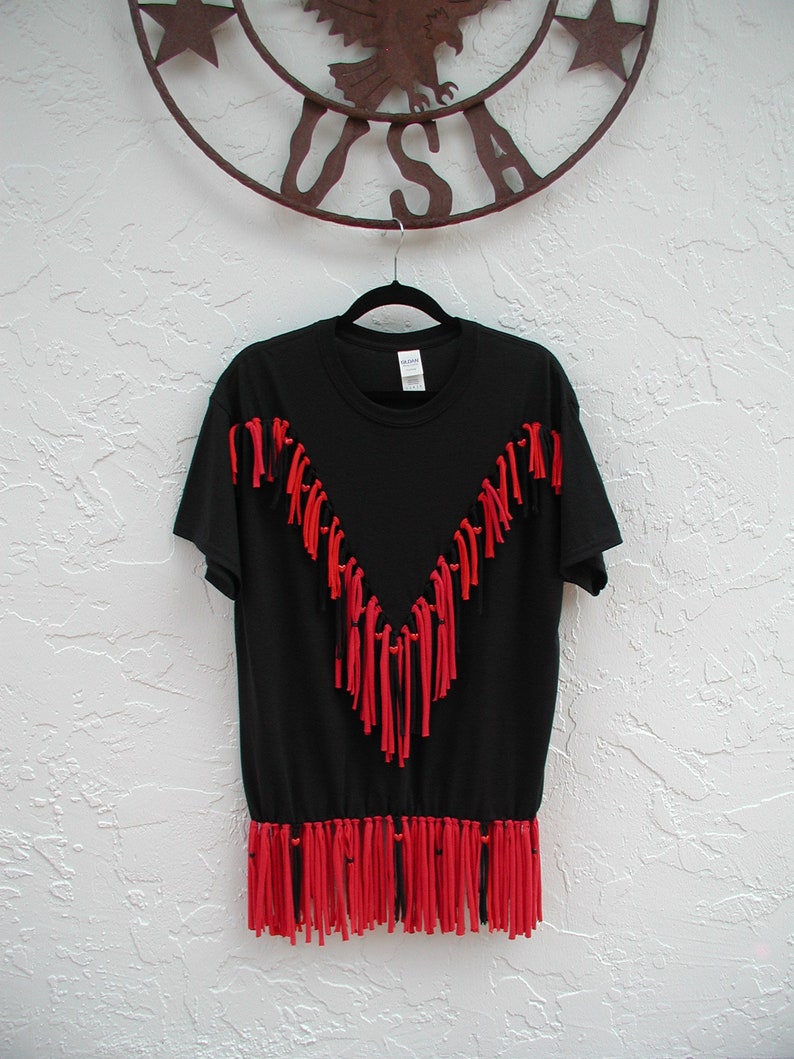 Hippie T-Shirt Black TShirt Red Fringe Shirt Adult Large T-Shirt with Fringe Costume TShirt Gift For Her Red and Black Fringe TShirt