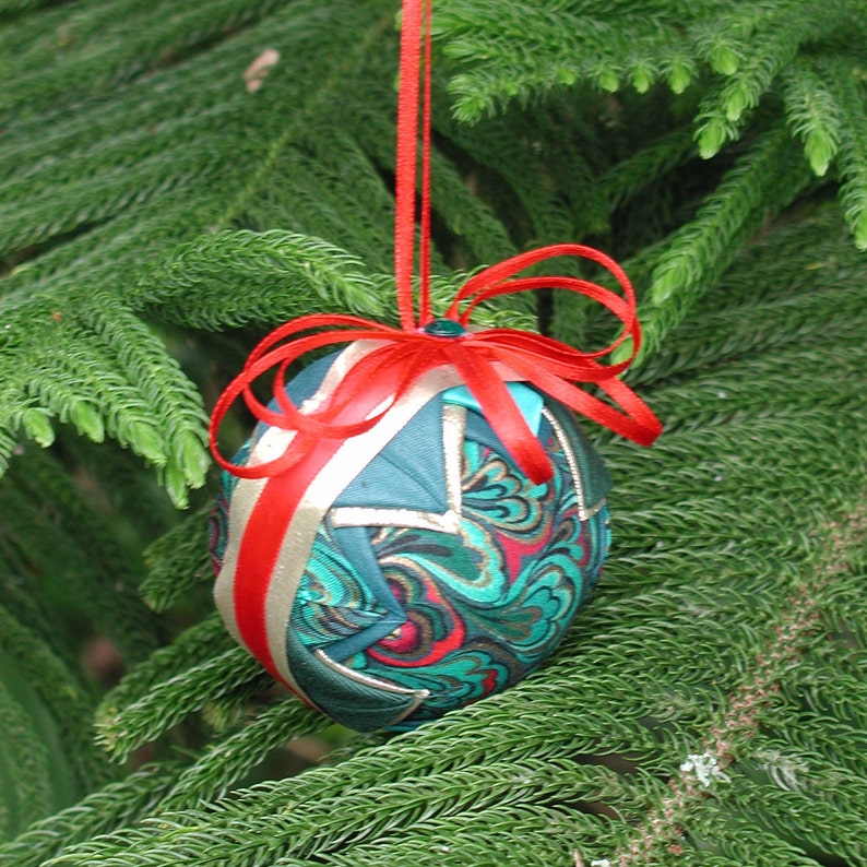 Paisley ornaments, Turquoise Ornament, Fabric Ornaments, Quilted Style Ornament, Friendship Gift, Red Ribbon Ornament, Shatterproof ball image 5