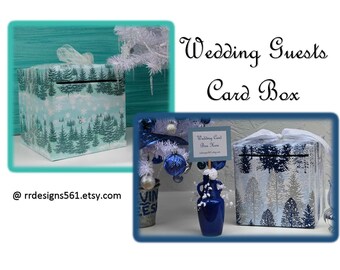 Wedding Card Box, Winter Wedding, Guest Cards Box, Gift Cards Box, Wedding Guest Box, Aqua Blue, Snowflakes and Trees, Winter Wonderland