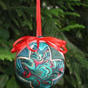 Paisley ornaments, Turquoise Ornament, Fabric Ornaments, Quilted Style Ornament, Friendship Gift, Red Ribbon Ornament, Shatterproof ball image 6