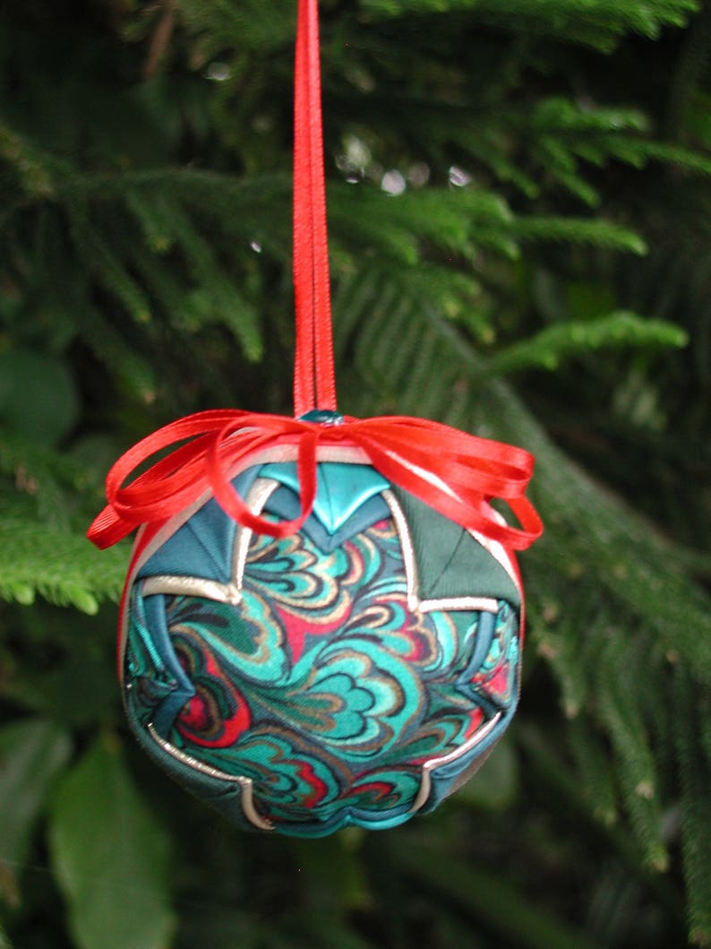 Paisley ornaments, Turquoise Ornament, Fabric Ornaments, Quilted Style Ornament, Friendship Gift, Red Ribbon Ornament, Shatterproof ball image 6