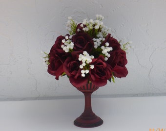 Burgundy Roses, Silk Roses Tree, Pedestal of Roses, Silk floral design, small centerpiece, burgundy and white, rrdesigns561, gift for her