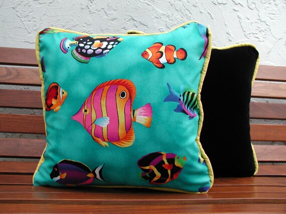 Tropical Fish Pillows Black Velvet Pillows Teal Aqua Pillows Etsy