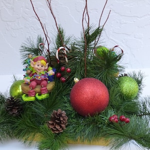 Christmas Elf's, Elf in the pines, Floral Arrangement, Holiday Centerpiece, Red and Green Floral, Artificial Plants, Christmas Gift Flowers image 1