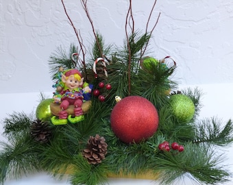 Christmas Elf's, Elf in the pines, Floral Arrangement, Holiday Centerpiece, Red and Green Floral, Artificial Plants, Christmas Gift Flowers