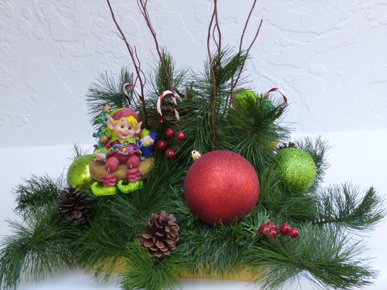 Christmas Elf's, Elf in the pines, Floral Arrangement, Holiday Centerpiece, Red and Green Floral, Artificial Plants, Christmas Gift Flowers image 1