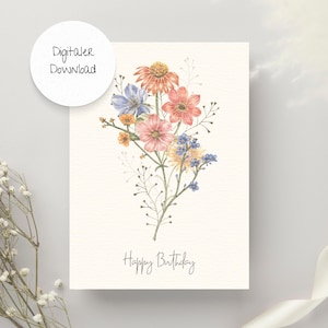 Karte Happy Birthday, Geburtstagskarte, Digitaler Download, Karte Blumen, Druckvorlage, Karte zum Ausdrucken, PDF, Karte Geburtstag