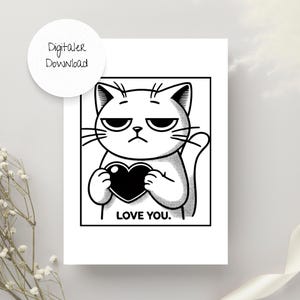 Valentine's Day Card, Digital Download, Love You Cat, Print Template, Card to Print, PDF, Love Card, Cat Card, Cat Love Card