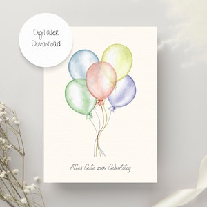 Karte Happy Birthday, Geburtstagskarte, Digitaler Download, Karte Luftballons, Druckvorlage, Karte zum Ausdrucken, PDF, Karte Geburtstag