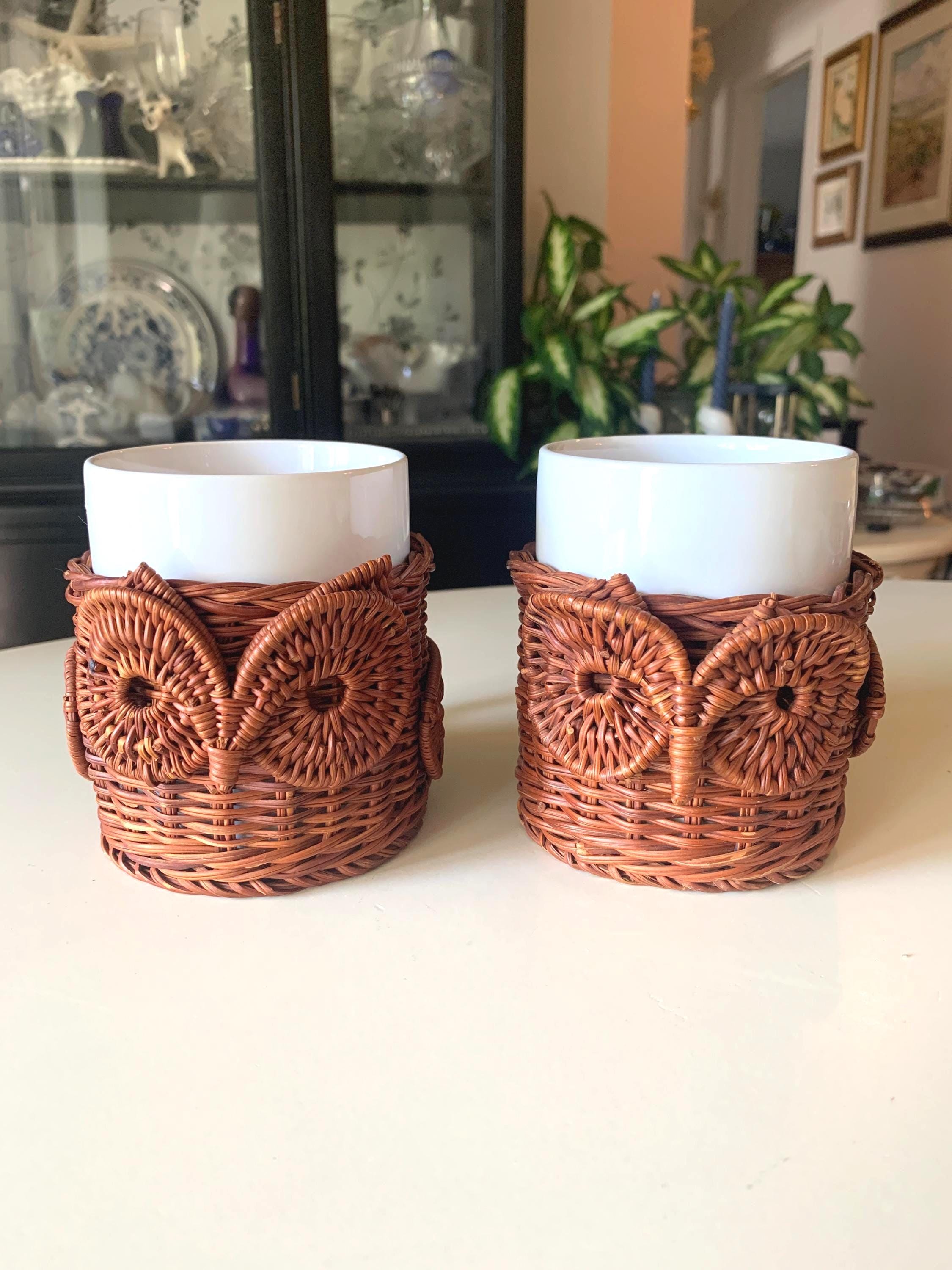 Vintage Wicker Owl Mug Set of 2 | Avon Rattan Owl Cup Holders, Ceramic Mugs