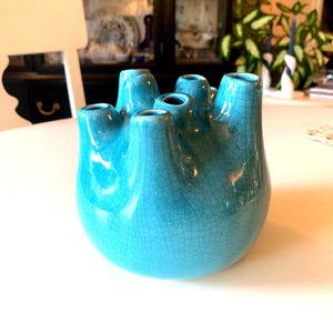 Vintage Turquois Multi Stem Bud Vase - Crackle Glaze Ceramic Tulipiere -  Flower Frog -  Mid Century Pottery