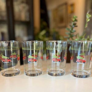 Pottery Barn Woody Wagon Christmas Glasses | Set of 4 Retro Tree Tumblers
