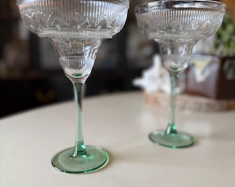Vintage Cristal D'Arques Durand Sombrero Margarita Glasses - Set of 2 - Green Stem Etched Crystal Cocktail Coupes - Made in France