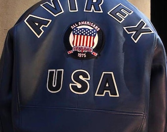 Avirex USA Iconic Style In Blue for mens, Bomber Style Leather Biker Jacket, Cowhide Leather For Him Military Style Jacket Gift For poppa