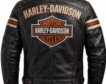 Harley-Davidson Herren schwarze Motorradjacke aus echtem Rindsleder - Klassischer Biker Racing Style, Cafe Racer inspirierte HD Reitausrüstung, Geschenk