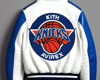 New York knicks Varsity Leather Jacket Kith Avirex Jacket, Made With Cowhide Leather For Him, Military Style Jacket Gift For Him