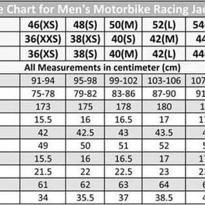 May include: A size chart for men's motorbike racing jackets, displaying measurements in centimeters. The chart includes chest, waist, full length, shoulder, back rise, collar round, cuff round, sleeve length, and elbow round measurements for various sizes.