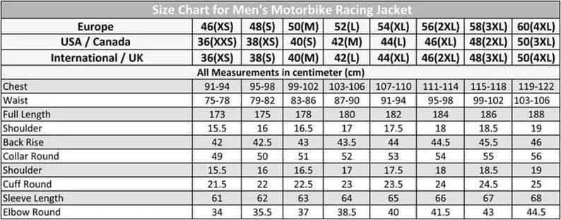 May include: A size chart for men's motorbike racing jackets, displaying measurements in centimeters. The chart includes chest, waist, full length, shoulder, back rise, collar round, cuff round, sleeve length, and elbow round measurements for various sizes.