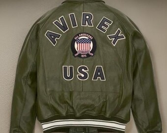 Avirex USA Iconic Style In Green, Bomber Style Leather Biker Jacket Made With Cowhide Leather For Him, Military Style Jacket Gift For Him
